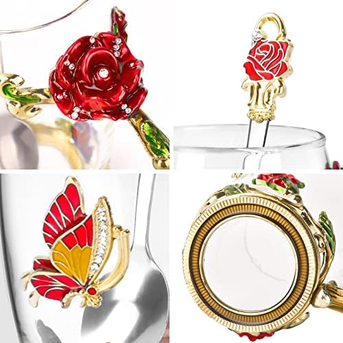 OEAGO Gifts for Women Mom Mothers Tea Cup Best Birthday Butterfly Rose Gifts for Her from Daughter Son Glass Coffee Christmas Enamels Mug Lead-Free with Spoon Set