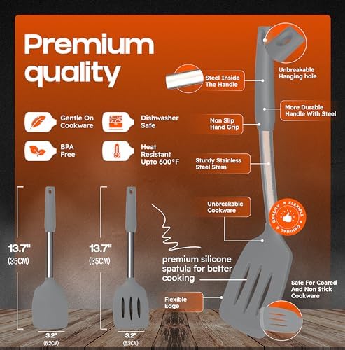 BakeRoyal Silicone Spatula Set - Turner Spatulas Silicone Heat Resistant 600°F - Slotted & Solid Spatula for Cooking Fish, Eggs, Pancakes Flipper – Spatulas for kitchen use – Gray