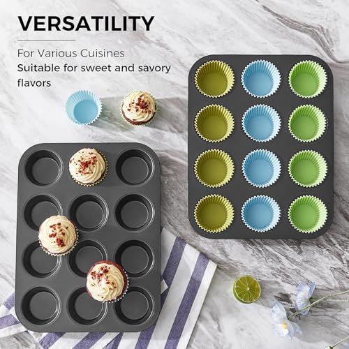 HONGBAKE Non-Stick Muffin Pans, Cupcake Pan with Silicone Baking Cups, 2 Pack Non toxic Healthy Muffin tin, Heavy duty-Dark Grey