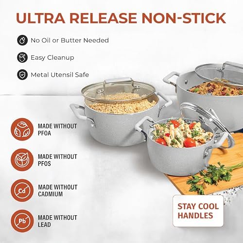 Granitestone Gray Pots and Pans Set Nonstick, 6 Stackable Piece Cooking Pots Set, Kitchen Pots, Non Stick Coating, 5qt 3qt & 1.5qt Pots with Lids, Stay Cool Handles Dishwasher Safe 100% Toxin Free