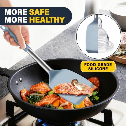 2 Pack Silicone Spatula Set, Solid & Slotted Turner for Non-Stick Pans, High Heat Resistant Silicone Spatula for Cooking, BPA-Free Stainless Steel Cooking Utensils for Fish, Eggs, Pancakes, Blue