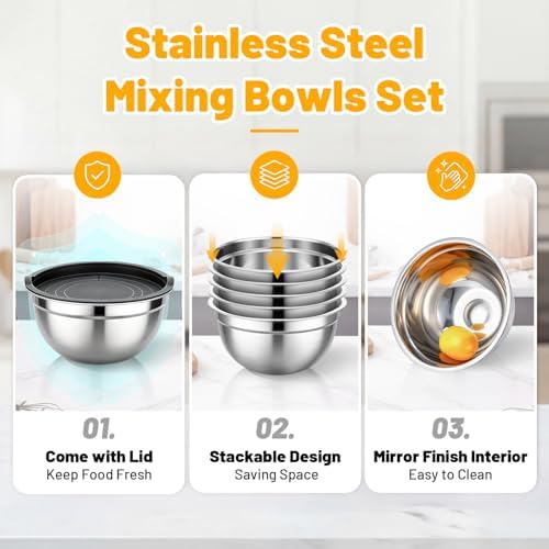 Beasea Stainless Mixing Bowls with Lids, 5 Pack 2 QT Stackable Stainless Steel Mixing Bowls with Black Lids for Salad, Serving, Food Storing, Baking Bowl Set for Cream Cake Prepping