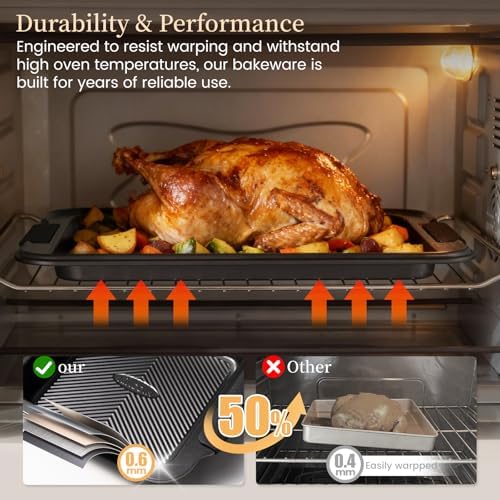 Kikcoin 25-Piece Nonstick Baking Pans Set with Large Turkey Roasting Pan, Stackable Ceramic Bakeware Set, 450°F Oven Safe Baking Sheet Set with Silicone Handles, Cookie Sheets for Baking, Black