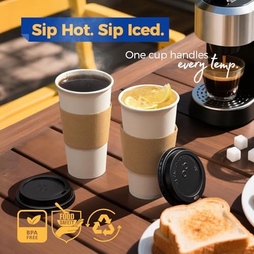 Fit Meal Prep 100 Pack 20 oz Disposable Coffee Cups with Lids, Sleeves, Leak-Proof To Go Coffee Cups with Lids, Durable Paper Cups for Hot Beverage, Home, Office, Party