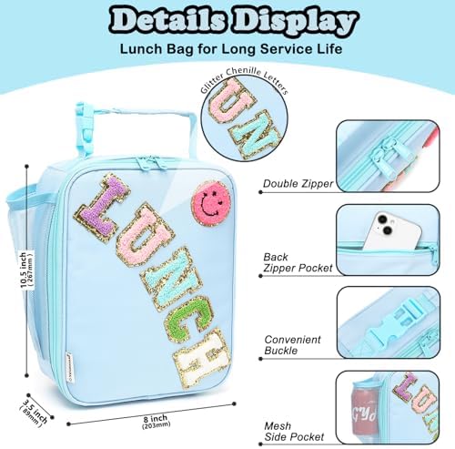 FlowFly Lunch box Insulated Soft Bag Mini Cooler Back to School Thermal Meal Tote Kit With Buckle and Mesh Side Pocket for Girls, Boys, BlueWithLetter
