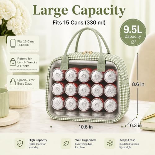 CAMTOP Lunch Box for Women Men Insulated Lunch Bag Lunch Tote Bag Leakproof Thermal Cooler Large Capacity for Travel Work School Picnic (Sage Green Check, Medium)