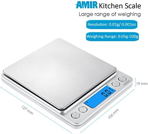(Upgraded) AMIR Digital Kitchen Scale, 500g Mini Pocket Jewelry Scale, Food Scale, Coffee Scale, Back-Lit LCD Display, 2 Trays, 6 Units, Auto Off, Tare, PCS, Stainless Steel (Batteries Included)