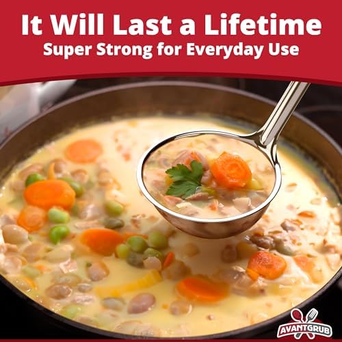 Sturdy, Ergonomic Combo Sizes Ladles 5 Pk. 1 2 4 6 8 Oz Stainless Steel Ladle with Long Handles. Best Kitchen Supplies for Stirring, Portioning and Serving Soup, Chili and Stew in Restaurants and Home