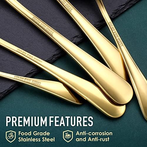 Gold Serving Utensils, OGORI 8-Piece Polished Stainless Steel Flatware Silverware Set Include Serving Spoon, Slotted Spoon, Cake Server, Soup Ladle, Fork, Salad Fork, Butter Knife, Serving Tong