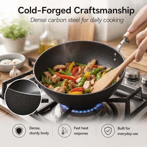 Small Carbon Steel Wok with Lid, 7-Inch 1.5QT Flat Bottom Pan