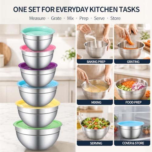 Stainless Steel Mixing Bowls with Lids Set, 3 Grater Inserts