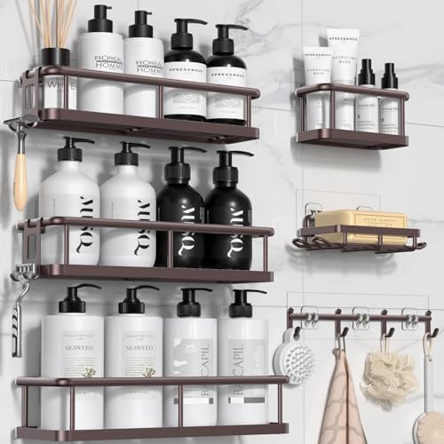 YASONIC Shower Caddy Adhesive, Rustproof Shower Organizer with Soap Holder, Large Capacity Shower Shelves for Inside Shower, No Drilling Bathroom Organizers and Storage for Home Decor（6 Pack Bronze）