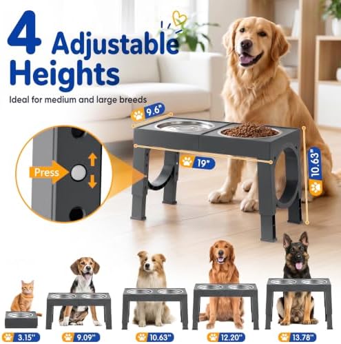 XIAZ Elevated Dog Bowls Large Breed Raised Dogs Bowl Stand Large/Medium Sized Dog Stainless Steel Food Water Bowl Stands 5 Heights Adjustable 9/11/12/14in Pet Feeder Dish Station