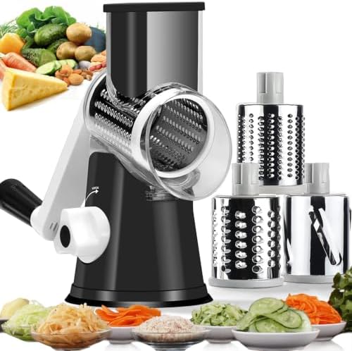 Handheld Rotary Cheese Grater Shredder- 3 Interchangeable Stainless Steel Drum Blades Manual Round Mandolin Vegetable Slicer Nut Grinder with Upgraded Strong Suction Base & Free Sharp Peeler, Black