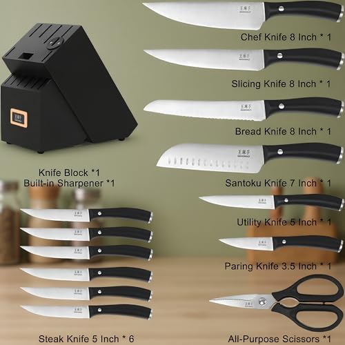 WANGMAZI 15-Pcs Knife Block Set, High Carbon Steel Ultra Sharp, Black