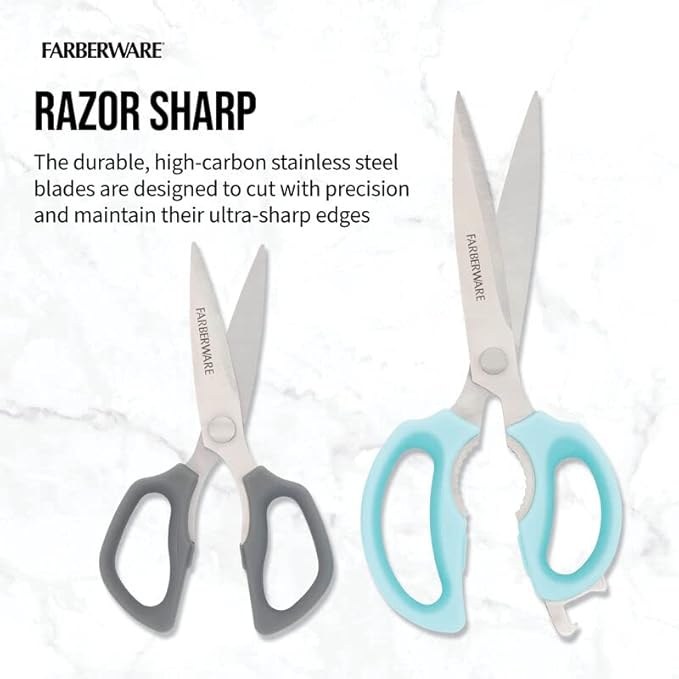 Farberware Comfort Grip Kitchen Scissors, 2 Pack, Aqua and Gray
