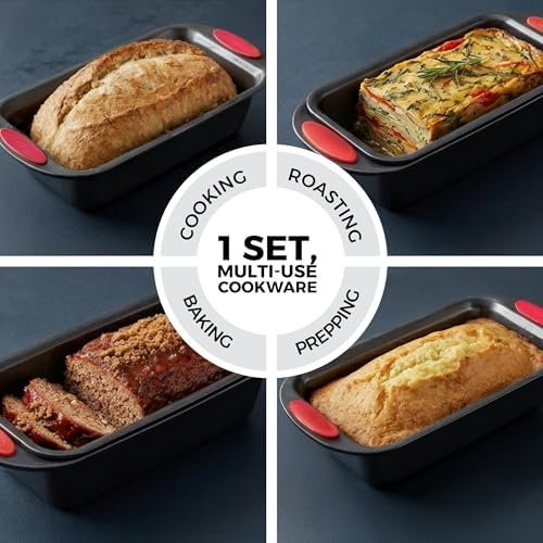 PERLLI Nonstick Meatloaf Pan with Drain Tray, Elevated Inner Pan for Fat and Grease Removal, Easy Grip Silicone Handles, Dishwasher Safe with Heavy-Duty Carbon Steel Bakeware for Even Heating (Gray)