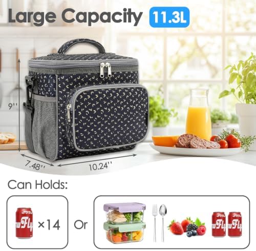 FlowFly Insulated Reusable Lunch Bag Adult Large Lunch Box for Women and Men with Adjustable Shoulder Strap,Front Zipper Pocket and Dual Large Mesh Side Pockets,Alphabet