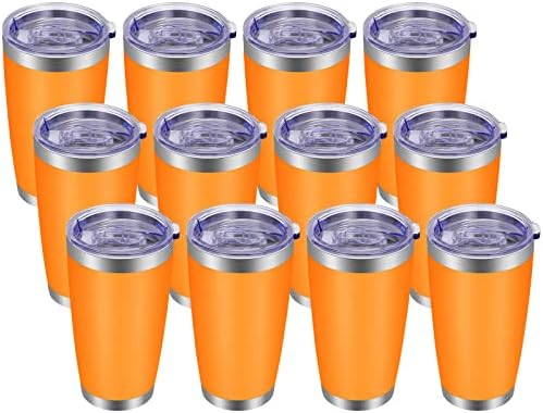 VEGOND 20oz Tumbler with Lid and Straw Stainless Steel Tumbler Cup Bulk Vacuum Insulated Double Wall Travel Coffee Mug Powder Coated Coffee Cup, Orange, 12 Pack