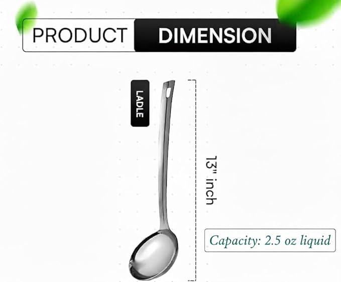 Stainless Steel Soup Ladle, Kitchen Cooking ladle,13" Metal Ladles, Durable Cooking Spoon Utensil- Long Handle and Ample Bowl Capacity Perfect for Stirring, Serving Soups, Heavy Duty Dishware Safe