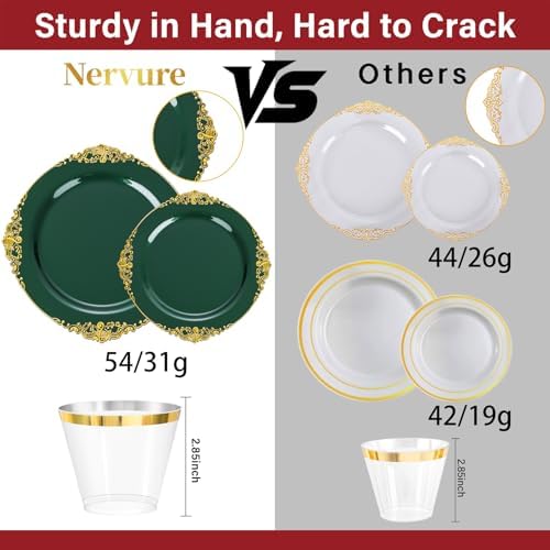 Nervure 350Pcs Green Plastic Plates, Plastic Dinnerware Set for 50 Guests