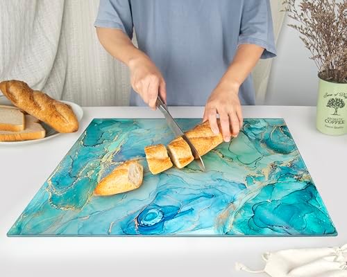 Kitchenville Glass Cutting Board 20”x16”: Tempered Glass Kitchen Counter Protector - Durable- Scratch-Resistant, Heat-Proof - Design 9 - Teal Ocean