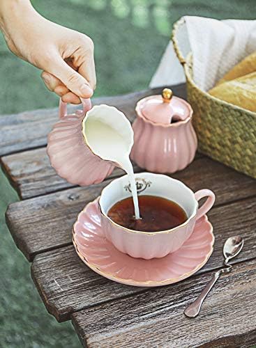 Royal Tea Cups and Saucers, with Gold Trim and Gift Box, British Coffee Cups, Porcelain Tea Set, Set of 6 (8 oz)- Pink