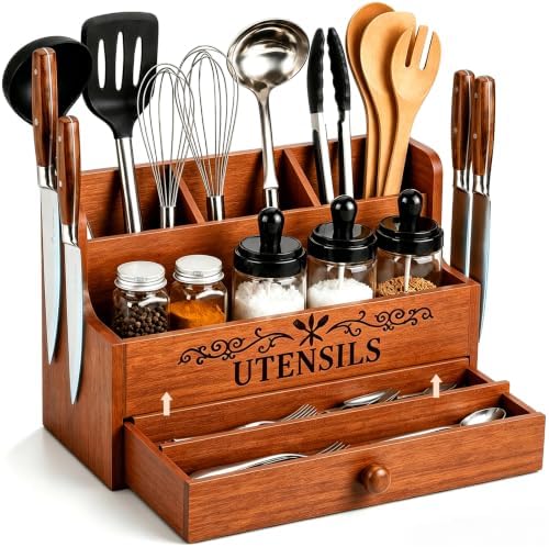 Wooden Kitchen Utensil Holder with Magnetic Knife Block, Brown