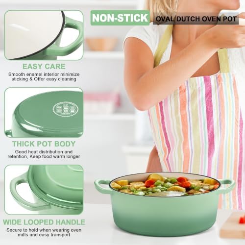 E-far 5QT Oval Dutch Oven Pot with Lid, Green Enameled Cast Iron Dutch Oven
