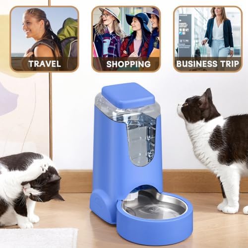 HWONMTE Portable Automatic Cat Feeder and Water Dispenser with Stainless Steel Bowl Dog Gravity Food Feeder and Waterer for Small Medium Pets Puppy Kitten 1 Gallon x 2 (Sapphire Blue)