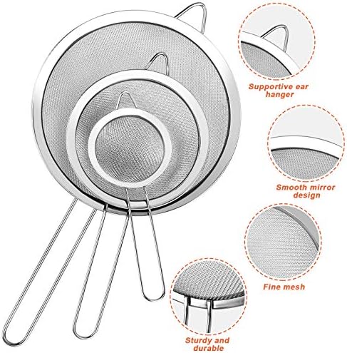 3Pcs Super Wire Extra Fine Mesh Strainer with Handle, Small Medium Large Size Sifter Metal Strainer Set, Stainless Steel Sieve Fine Mesh Strainers for Kitchen Rice Juice Quinoa Food Flour Baking YLYL
