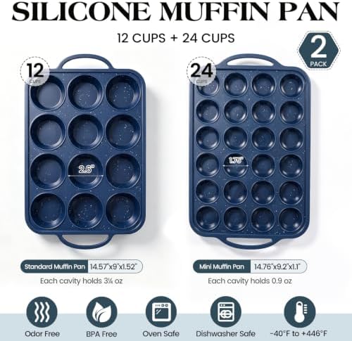 Vinino Silicone Muffin Pan Set, 12 & 24 Cup with Stainless Steel Frame-Blue