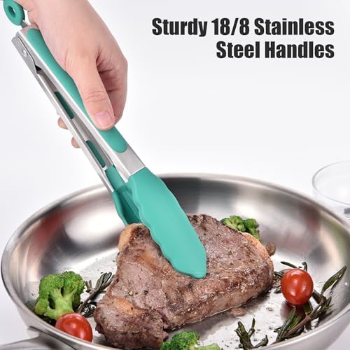 Doosu Kitchen Tongs with Silicone Tips for Cooking Serving (9in, Aqua Sky)