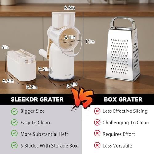 Rotary Cheese Grater with Handle, 5-Blade Cheese Shredder, BPA-Free (White)