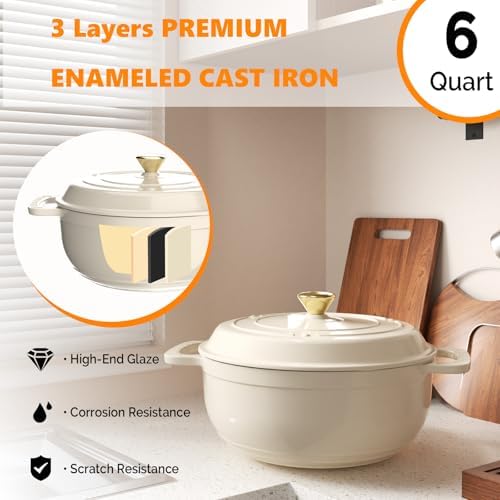 Bonnlo 6QT Round Dutch Oven, Enameled Cast Iron Dutch Oven Pot with Lid & Dual Handles, Oven Safe Up to 500° F, for Sourdough, Bread Baking, Stews and Roasting, White