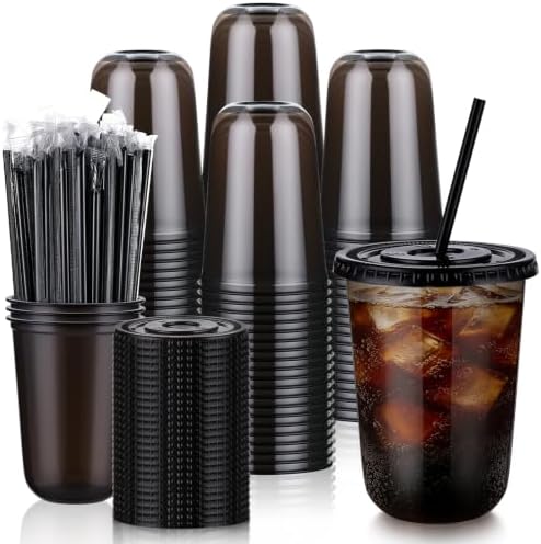 tchrules 150 Set 16oz Black Plastic Disposable Cups with Lids and Straws