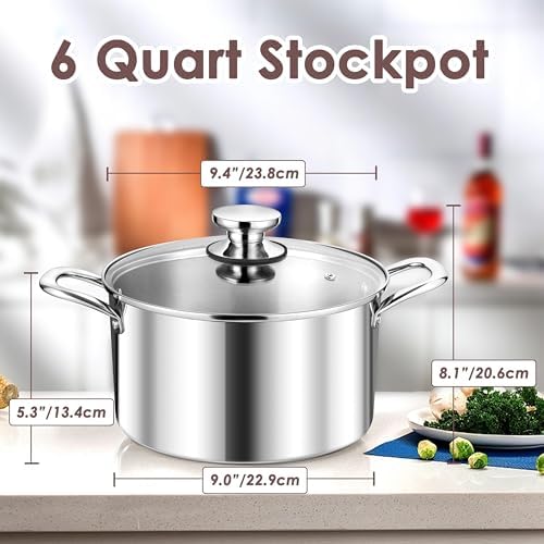 Herogo 6 Quart Stock Pot, 18/10 Stainless Steel Pasta Stockpot with Lid, 6 QT Cooking Pot with Handles, Tri-Ply Stockpot for Induction Gas Electric Stove, Dishwasher Safe