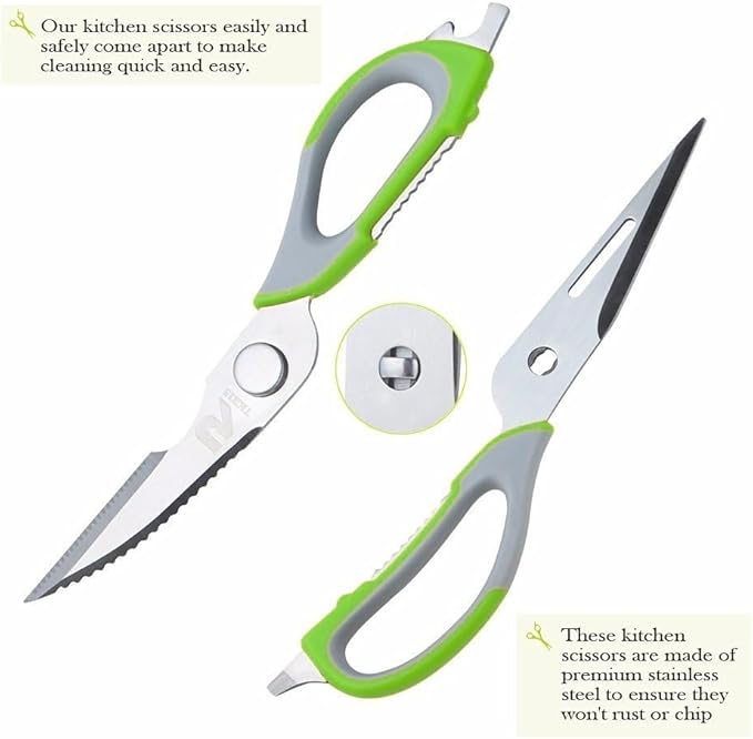 Multifunction Kitchen Food Scissors, Detachable Stainless Steel Heavy Duty Culinary Scissors, 7-in-1 Household Shears with Magnetic Holder, for Cut Poultry Meat Bone Vegetables Fruit Seafood (green)