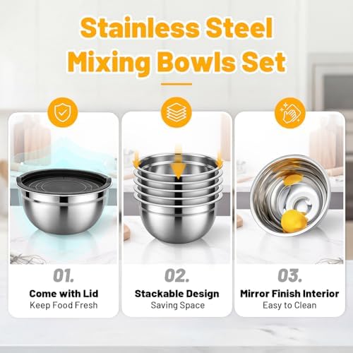 Beasea Stainless Steel Mixing Bowls, 5 Pack 1.5 QT Stackable Nesting Mixing Bowls with Lids, Metal Bowl with Lid for Baking, Meal Prepping, Salad, Serving, Food Storing