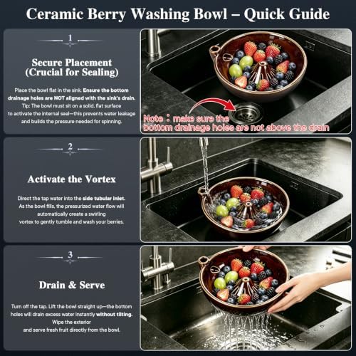 Ceramic Berry Washing Bowl with Auto-Spin Swirl Drainage