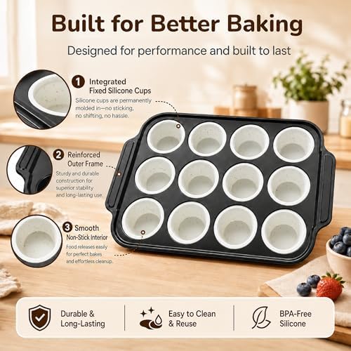 Silicone Muffin Pans for Baking, 12-Cup Muffin Tin with Metal Frame