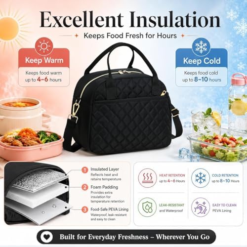 CAMTOP Lunch Box for Women Insulated Lunch Bag Large Lunchbox Cooler Thermal Leakproof Quilted Reusable Lunch Tote Bag for Work School Travel Picnic
