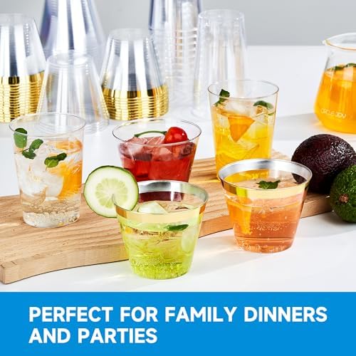 RACETOP Clear Plastic Cups with Gold Rim, 9 oz, 100 Pack