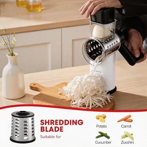 Rotary Cheese Grater Hand Crank with Foldable Handle, Three Blades