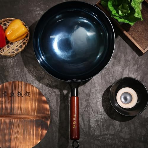 14-Inch Carbon Steel Wok, Round Bottom Traditional Chinese Wok with Wooden Handle and Wooden Lid, Uncoated Non-Stick Wok for Gas Stoves, Home Cooking, Camping, and as a Gift