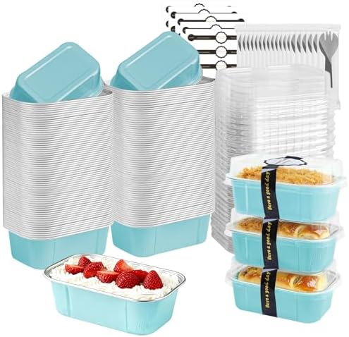Mini Loaf Pans With Lids And Spoons 50 Pack,5.5 Oz Rectangle Mini Individual Cake Tins Disposable Small Aluminum Foil Baking Pans(50, Wathet)