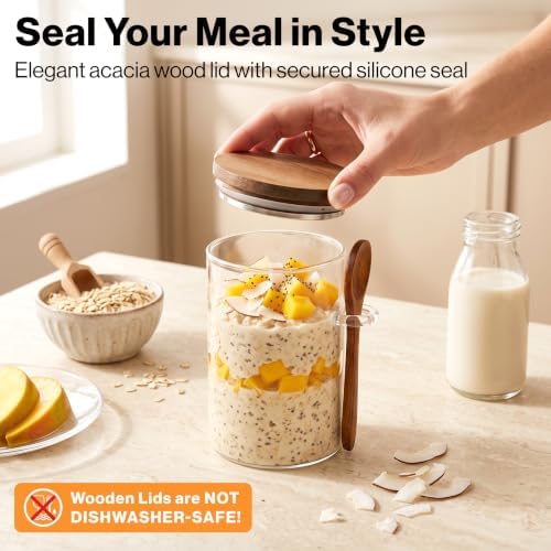 EDELHAUS Overnight Oats Containers with Lids - Glass Mason Jars, Meal Prep