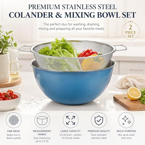HAPPY KIT 18/8 Stainless Steel Colander with Mixing Bowl, 3.5QT