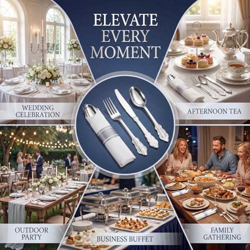 Liacere 400PCS Silver Plastic Silverware - Pre Rolled Napkins Disposable Silver Cutlery-Premium Quality Gold Plastic Utensils - Includes 100Forks,100Knives,100Spoons,100Napkins For Wedding & Party