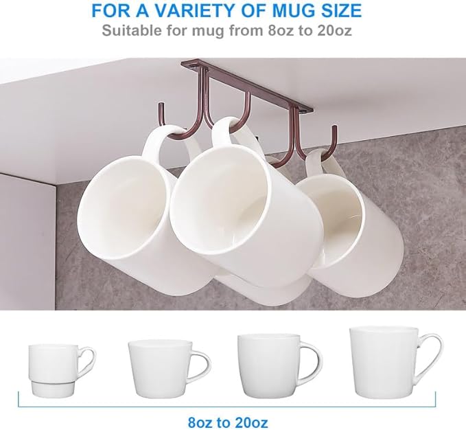 Mug Rack Under Cabinet - Coffee Cup Holder, 8 Mugs Hooks Under Shelf, Display Hanging Cups Drying Hook for Bar Kitchen Utensils Brown